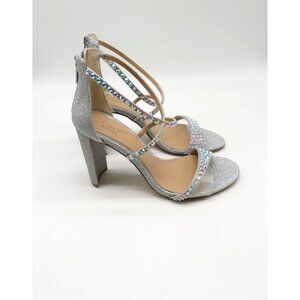 Jewel by Badgley Mischka Silver Glitter High Heel Sandals Rhinestones 9.5 NWOB